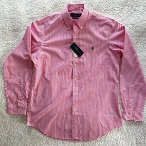 Ralph Lauren Classic Fit Striped Shirt Pink White NWT Stretch Green Pony M